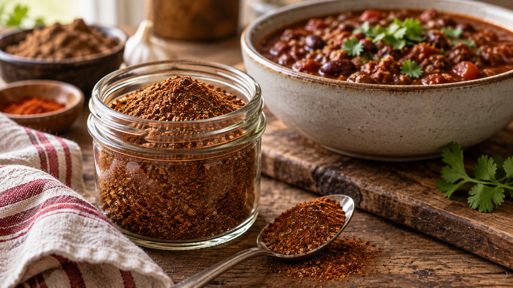 Homemade chili seasoning in glass jar next to a finished bowl of chili.